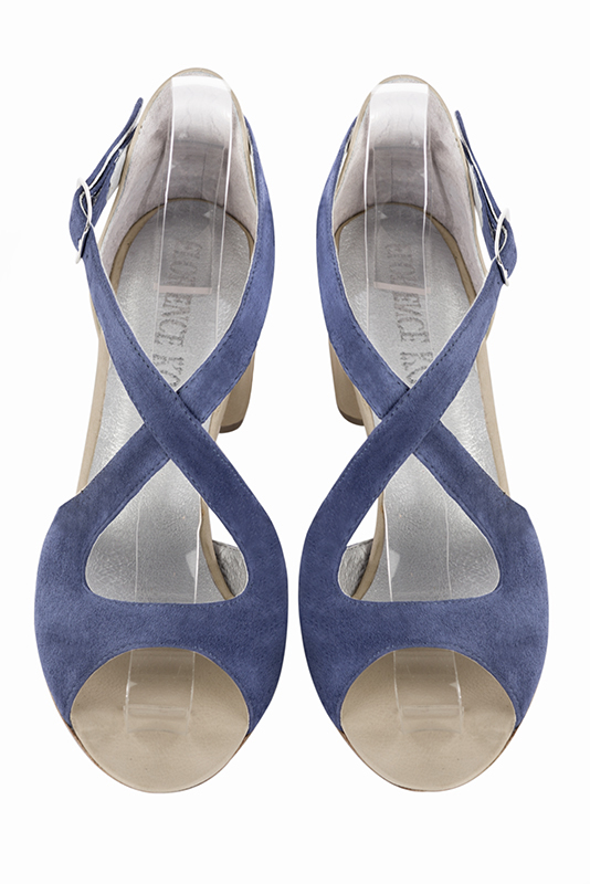 Prussian blue and champagne white women's closed back sandals, with crossed straps. Round toe. Low flare heels. Top view - Florence KOOIJMAN